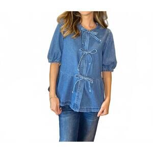 NEW PRETTY BASH peplum bow top in denim